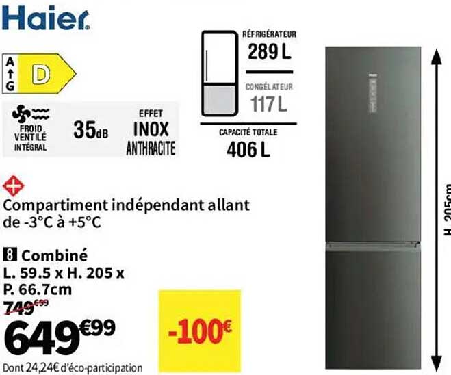 Réfrigérateur combiné Haier 406L – -100€