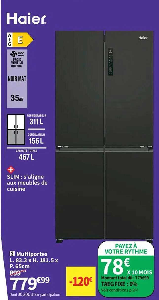 Réfrigérateur Haier Multiportes Noir Mat -120€