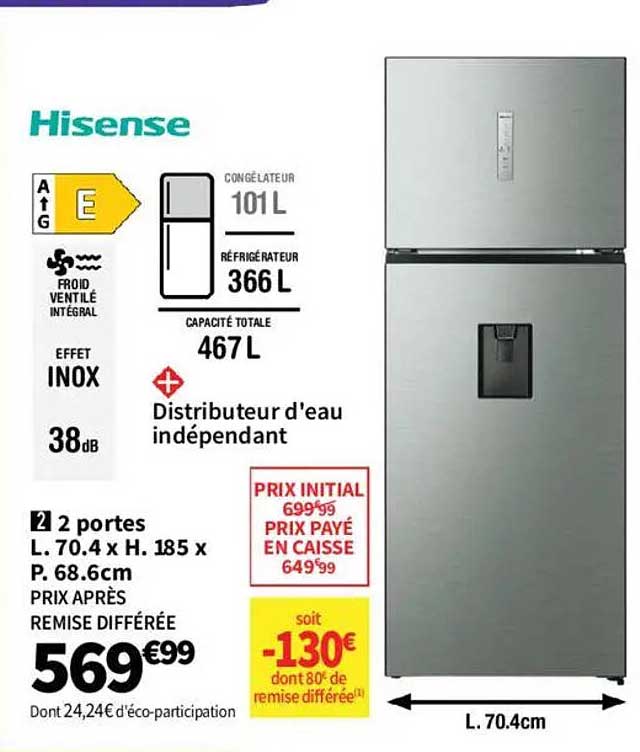 Réfrigérateur Hisense à 2 portes avec distributeur d'eau