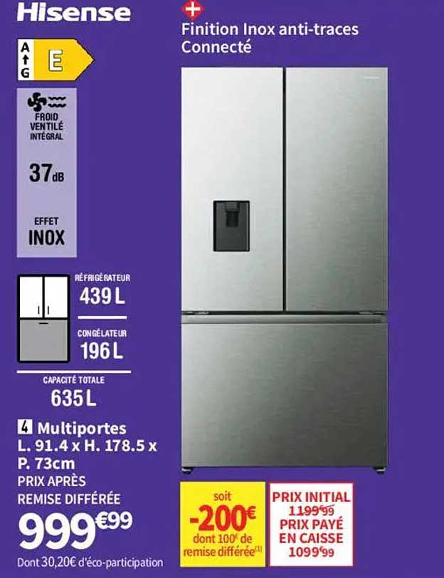 Réfrigérateur Hisense Finition Inox anti-traces Connecté