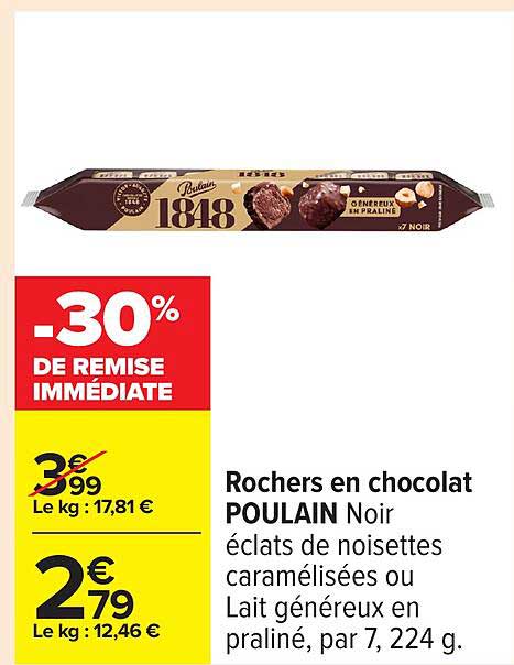 Rochers en chocolat POULAIN Noir éclats de noisettes caramélisées ou Lait généreux en praliné, par 7, 224 g.