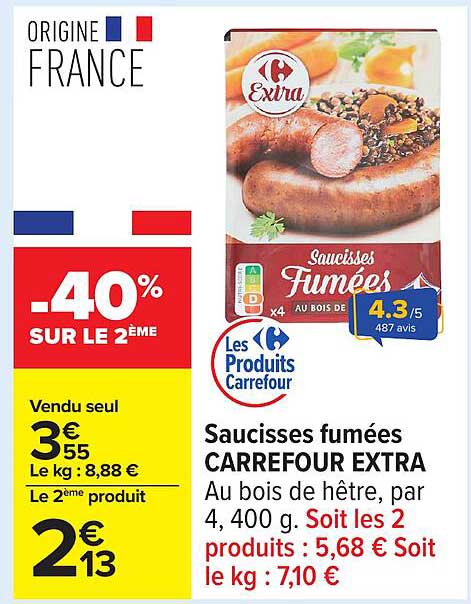 Saucisses fumées CARREFOUR EXTRA
