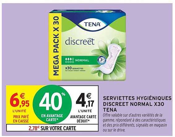 SERVIETTES HYGIÉNIQUES DISCREET NORMAL X30 TENA