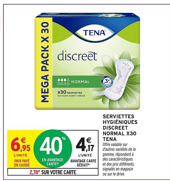 SERVIETTES HYGIÉNIQUES DISCREET NORMAL X30 TENA