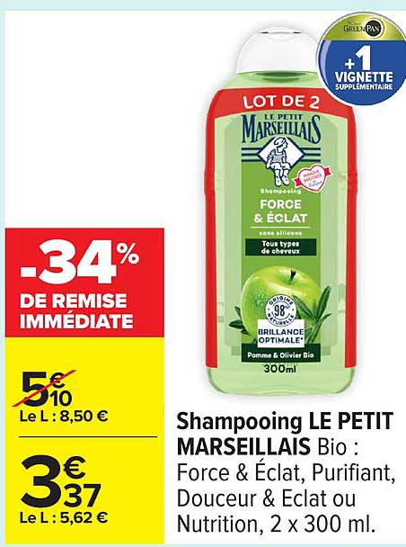 Shampooing LE PETIT MARSEILLAIS Bio : Force & Éclat, Purifiant, Douceur & Éclat ou Nutrition, 2 x 300 ml