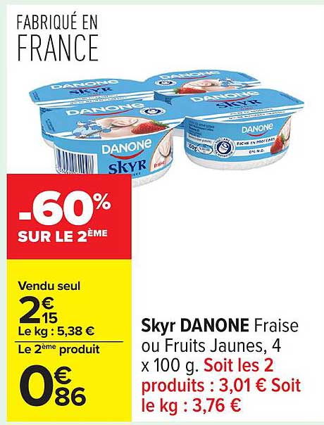 Skyr DANONE Fraise ou Fruits Jaunes, 4 x 100 g