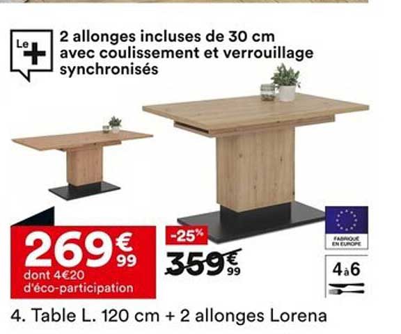 Table L. 120 cm + 2 allonges Lorena