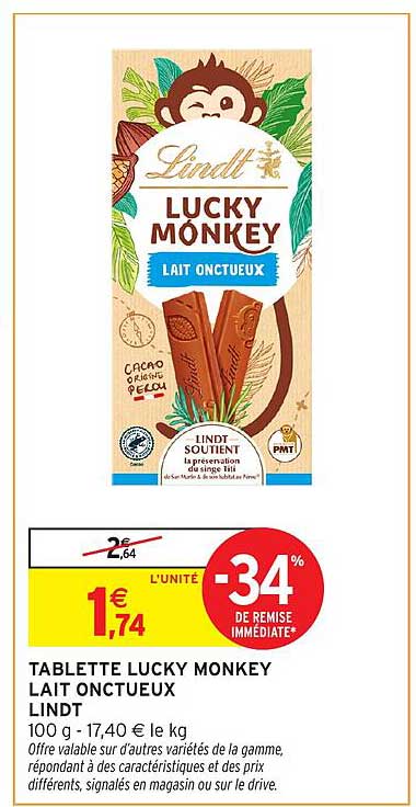 TABLETTE LUCKY MONKEY LAIT ONCTUEUX LINDT