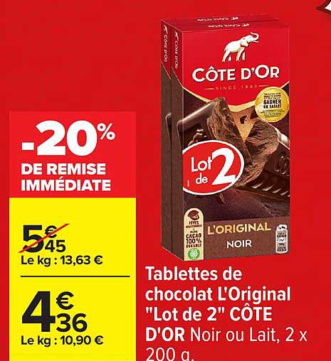 Tablettes de chocolat L'Original "Lot de 2" CÔTE D'OR Noir ou Lait, 2 x 200 g.