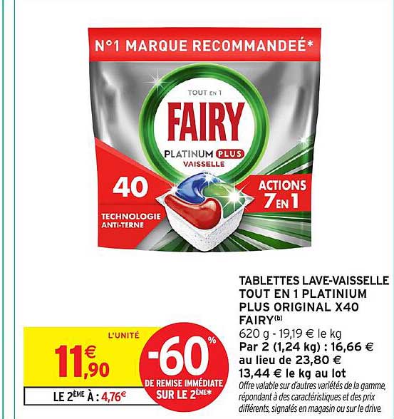 TABLETTES LAVE-VAISSELLE TOUT EN 1 PLATINUM PLUS ORIGINAL X40 FAIRY