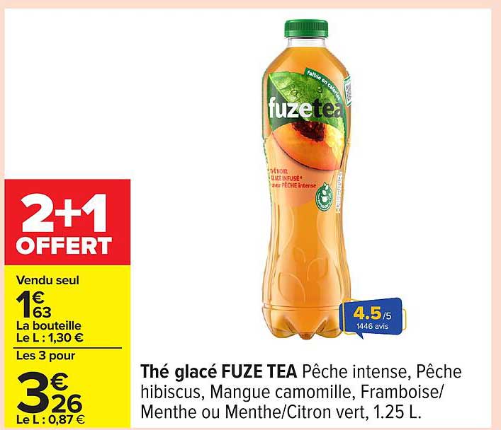 Thé glacé FUZE TEA Pêche intense, Pêche hibiscus, Mangue camomille, Framboise/ Menthe ou Menthe/Citron vert, 1.25 L.