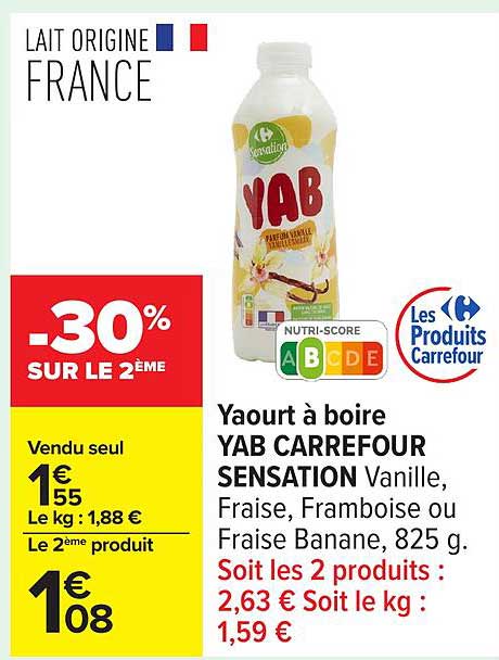 Yogourt à boire YAB CARREFOUR SENSATION Vanille, Fraise, Framboise ou Fraise Banane, 825 g