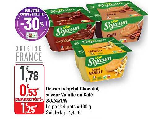 Dessert végétal Chocolat, saveur Vanille ou Café SOJASUN